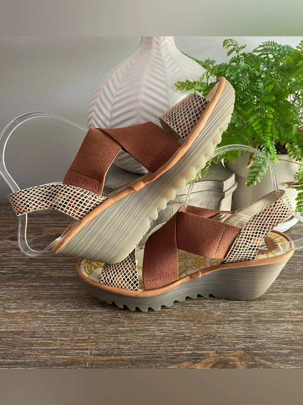 Fly London Yaji Leather‎ Wedge Heeled Platform Sandals Womens 38 7.5-8 Tan Snake